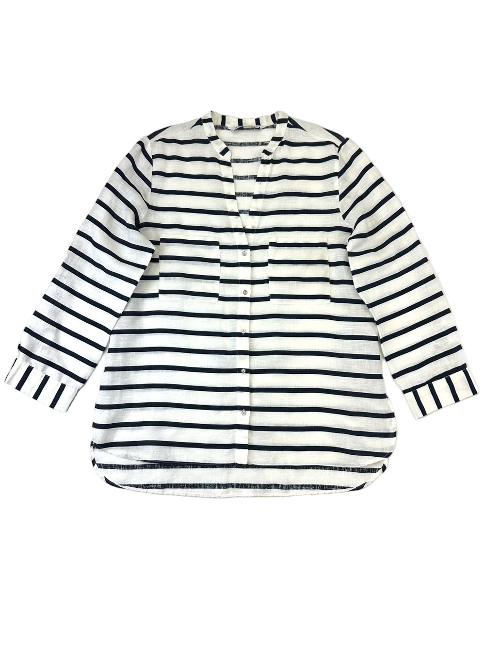 Zara Linen Striped Button Front Blouse Navy White Size Large Nautical Resortwear